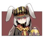  1girl animal_ears blush border bright_pupils closed_mouth dress easter_egg egg gogalking hat highres leah_(sdorica) looking_at_viewer pink_eyes rabbit_ears red_background red_eyes sdorica simple_background solo white_border white_pupils 