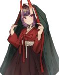  1girl absurdres bangs blush bob_cut breasts eyeliner fate/grand_order fate_(series) hanbok headpiece highres horns korean_clothes long_sleeves looking_at_viewer makeup oni oni_horns purple_hair sash short_hair shuten_douji_(fate/grand_order) simple_background skin-covered_horns small_breasts smile sookmo violet_eyes white_background 