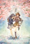  2girls bag barham closed_eyes hair_ornament hair_ribbon jacket long_hair multiple_girls open_mouth original rain ribbon shoes short_hair skirt socks spring_(season) traditional_media umbrella uniform watercolor_(medium) 