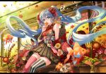  1girl ahoge air_bubble animal architecture autumn autumn_leaves bangs bare_shoulders black_skirt blue_eyes blue_hair bubble covered_mouth day east_asian_architecture feet_out_of_frame fish floating_hair floral_print flower goldfish hair_between_eyes hair_flower hair_ornament hakama_skirt haori hatsune_miku holding holding_leaf immersed japanese_clothes kanzashi kimono lace-trimmed_skirt lace_trim leaf letterboxed long_hair looking_at_viewer maple_leaf michi_(iawei) miniskirt mismatched_legwear off_shoulder pleated_skirt print_kimono red_legwear sash short_kimono sidelocks sitting skirt sleeveless sleeveless_kimono solo striped striped_legwear submerged tassel thigh-highs twintails vase vertical-striped_legwear vertical_stripes very_long_hair vocaloid zettai_ryouiki 