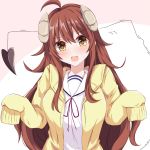  1girl ahoge blush brown_eyes brown_hair curled_horns demon_girl demon_horns demon_tail eyebrows_visible_through_hair highres horns long_hair mac_4229 machikado_mazoku open_mouth solo sweater tail yoshida_yuuko_(machikado_mazoku) 