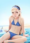  1girl absurdres barefoot beach bikini blonde_hair blue_bikini flat_chest glass hair_ornament hairband highres lavenza_(persona_5) lipstick long_hair looking_at_viewer makeup navel persona persona_5 sitting solo summer swimsuit thatpersonaguy yellow_eyes 