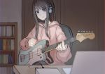  1girl absurdres betock blue_eyes brown_hair chair computer guitar headphones highres hood hooded_sweater indoors instrument laptop long_hair music original playing_instrument sitting smile solo sweater 