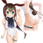  1girl adapted_costume amiya_(arknights) animal_ears arknights ass_visible_through_thighs bare_arms bare_legs bare_shoulders black_neckwear blush breasts brown_hair center_frills closed_mouth commentary_request covered_navel eyebrows_visible_through_hair frills green_eyes hair_between_eyes highleg highleg_leotard highres leotard leotard_tug long_hair looking_at_viewer medium_breasts multiple_rings pantyhose ponytail rabbit_ears rabbit_girl shikaemon simple_background small_breasts solo standing thigh_strap very_long_hair white_background white_leotard 