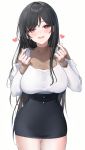  1girl :d bangs black_hair black_skirt blush breasts brown_eyes eyebrows_visible_through_hair hands_up heart highres large_breasts long_hair long_sleeves looking_at_viewer open_mouth original pencil_skirt shirt simple_background skirt sleeves_past_wrists smile solo standing thigh_gap very_long_hair white_background white_shirt yumaomi 