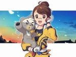  1girl :d bandaid bandaid_on_nose bangs brown_eyes brown_hair bruise bruise_on_face clouds dusk dynamax_band eyebrows_visible_through_hair gen_8_pokemon gloria_(pokemon) gloves hair_bun highres holding holding_pokemon injury jacket kubfu legendary_pokemon master_dojo_uniform open_mouth pokemon pokemon_(creature) pokemon_(game) pokemon_swsh sayshownen sky smile star_(sky) twilight twitter_username upper_body watermark white_gloves yellow_jacket 