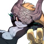  1girl black_skin commentary extra_arms grey_skin highres horned_mask looking_at_viewer mask midna navel nude one_eye_covered parted_lips red_eyes simple_background smile solo ssambatea the_legend_of_zelda the_legend_of_zelda:_twilight_princess two-tone_skin v white_background yellow_eyes yellow_sclera 