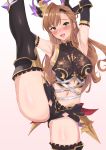  1girl absurdres armpits arms_behind_head arms_up bangs black_legwear blush breasts brown_hair crop_top granblue_fantasy green_eyes head_wings highres large_breasts leg_lift leg_up long_hair looking_at_viewer midriff navel open_mouth pm_tii_(matuko1024) simple_background smile song_(granblue_fantasy) split standing standing_on_one_leg standing_split thigh-highs white_background 