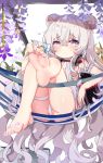  +_+ 14c 1girl absurdres arm_garter ass azur_lane bangs bare_arms bare_legs bare_shoulders barefoot bikini blue_eyes blush book closed_mouth commentary_request double_bun eyebrows_visible_through_hair feet flower hair_between_eyes hammock headphones highres knees_up le_malin_(azur_lane) le_malin_(wednesday&#039;s_retreat)_(azur_lane) long_hair looking_at_viewer open_book petals purple_flower revision shiny shiny_hair shiny_skin sidelocks silver_hair soles solo swimsuit symbol-shaped_pupils toes very_long_hair white_bikini 