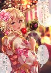  2girls absurdres bangs blonde_hair blush breasts candy_apple commentary_request dark_skin earrings eyebrows fang flower food hair_flower hair_ornament hairclip highres japanese_clothes jewelry kimono kinjyou_(shashaki) large_breasts long_hair multiple_girls multiple_piercings original shashaki sidelocks tied_hair tongue tongue_out translation_request yellow_eyes 