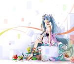  bare_back bare_shoulders blue_eyes blue_hair blush bow dress flower hair_between_eyes hair_flower hair_ornament hatsune_miku l-tao long_hair miku_with_you_(vocaloid) rose sitting twintails very_long_hair vocaloid 