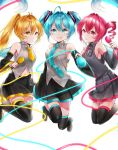  3girls ahoge akita_neru aqua_eyes aqua_hair aqua_nails aqua_neckwear bare_shoulders black_legwear black_skirt black_sleeves blonde_hair bob_628 boots cable commentary detached_sleeves drill_hair expressionless giving glowing grey_shirt hair_intakes hair_ornament hatsune_miku highres kasane_teto legs_up long_hair looking_at_viewer microphone midriff miniskirt multiple_girls nail_polish navel necktie parted_lips pleated_skirt ponytail red_eyes redhead shirt short_hair short_necktie skirt sleeveless sleeveless_shirt smile thigh-highs thigh_boots triple_baka_(vocaloid) twintails utau v very_long_hair vocaloid white_background yellow_neckwear zettai_ryouiki 