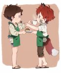  2boys animal_ears apron bandaid bandaid_on_face bangs bare_legs blue_shorts brown_background brown_eyes brown_hair brown_pants cake capri_pants collared_shirt copyright_request cup drink eye_contact feeding flip-flops food fork fox_boy fox_ears fox_tail freckles from_side full_body green_apron green_eyes highres holding holding_fork injury looking_at_another male_focus multiple_boys outstretched_arms pants plate profile redhead sandals shirt shorts simple_background sleeves_rolled_up standing steam t-shirt tail thebrushking white_shirt 