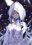  1girl bangs black_gloves blush breasts fate/grand_order fate/prototype fate_(series) fingerless_gloves gloves hooded_robe long_hair long_sleeves looking_at_viewer medium_breasts merlin_(fate/prototype) mishiro_(ixtlolton) open_mouth petals smile very_long_hair violet_eyes white_hair white_hood white_robe wide_sleeves 