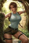  1girl 2020 armpits bare_shoulders blurry blurry_background braid braided_ponytail brown_eyes brown_hair dirty eyebrows eyelashes fingerless_gloves gloves gun highres holster holstered_weapon jungle lara_croft large_breasts long_hair looking_at_viewer nature parted_lips sciamano240 shirt short_shorts shorts sleeveless solo statue strap tank_top temple tomb_raider torn_clothes torn_shirt watermark weapon 