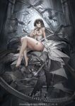  1girl animal armillary_sphere bare_shoulders barefoot bird black_bow black_dress black_eyes bow constellation cross dress earrings eyepatch feathers flock flower gears hand_up highres hoop_earrings indoors iron_saga jewelry long_hair looking_at_viewer official_art one_eye_covered revealing_clothes ribbon sitting sleeveless sleeveless_dress solo thigh_strap very_long_hair white_bow white_dress white_flower white_ribbon zjsstc 