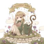  1girl blonde_hair book brown_eyes bug butterfly chibi clouds fantasy flower grass hair_ornament highres holding holding_staff insect long_hair original quill rabbit robe sitting staff tukimisou0225 very_long_hair white_background wide_sleeves 