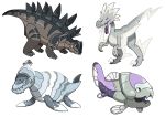  &gt;_&lt; absurdres arctovish arctozolt black_eyes claws closed_mouth commentary_request dracovish dracozolt gen_8_pokemon highres no_humans open_mouth pokemon pokemon_(creature) saurasu simple_background spikes standing tongue white_background 
