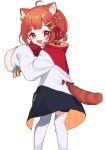  1girl :d animal_ear_fluff bangs black_shorts blush brown_hair eyebrows_visible_through_hair fang flower from_behind hair_flower hair_ornament hairclip hands_up long_sleeves looking_at_viewer looking_back nijisanji open_mouth ratna_petit red_eyes red_flower red_panda_ears red_panda_tail short_shorts shorts simple_background sleeves_past_fingers sleeves_past_wrists smile solo standing striped_tail tail thigh-highs virtual_youtuber white_background white_legwear x_hair_ornament yamabukiiro younger 