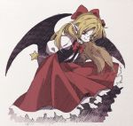  1girl bat_wings black_vest blonde_hair bow character_request closed_mouth dot_nose hair_bow holding ka_(marukogedago) leaning_forward long_hair long_skirt looking_at_viewer pointy_ears red_bow red_eyes red_skirt shirt skirt smile solo touhou vest white_shirt wings 