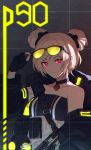  1girl 3o_c bare_shoulders black_choker black_gloves black_jacket blonde_hair breasts character_name choker closed_mouth double_bun eyebrows_visible_through_hair eyewear_on_head fingerless_gloves gas_mask girls_frontline gloves hand_on_eyewear highres jacket looking_at_viewer medium_hair open_clothes open_jacket p90_(girls_frontline) solo violet_eyes 