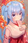  1girl ahoge autumn_leaves bangs blue_hair blurry blurry_background blurry_foreground blush braid breasts commentary_request depth_of_field detached_sleeves eyebrows_visible_through_hair gyozanuko hair_between_eyes hakama hand_on_own_chest hand_up highres japanese_clothes kimono leaf leaf_on_head long_hair long_sleeves looking_at_viewer maple_leaf medium_breasts miko nail_polish original parted_lips ponytail red_hakama red_nails ribbon-trimmed_sleeves ribbon_trim sleeveless sleeveless_kimono solo very_long_hair violet_eyes white_kimono white_sleeves wide_sleeves 