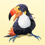  beak bird black_eyes commentary_request full_body gen_7_pokemon no_humans nyala_(nyala_766) open_mouth pokemon pokemon_(creature) simple_background solo talons toucannon yellow_background 