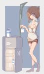  1girl alternate_costume barefoot blue_background blue_towel border brown_eyes brown_hair brown_shorts casual clothes_writing commentary_request folded_ponytail full_body grey_border highres inazuma_(kantai_collection) kantai_collection kazakura_(kazakura_js) long_hair looking_at_viewer milk_carton refrigerator shirt short_shorts shorts solo standing t-shirt towel towel_around_neck translation_request two-tone_background white_shirt 