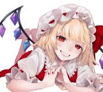  1girl absurdres bangs blonde_hair bow crystal fang feet_up flandre_scarlet frills grin hands_clasped hat hat_bow highres long_hair looking_at_viewer lying mob_cap narimachi_yuki on_stomach own_hands_together puffy_short_sleeves puffy_sleeves red_bow red_eyes red_nails red_skirt red_vest shirt short_sleeves simple_background skirt smile solo touhou vest white_background white_shirt wings 