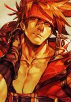  1boy belt brown_eyes brown_hair collarbone fingerless_gloves gloves grey_background guilty_gear guilty_gear_xrd hankuri headband jacket male_focus muscle pectorals red_jacket shading simple_background sol_badguy solo upper_body 