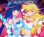  2girls :o blonde_hair blue_bow blue_eyes bow breasts choker colored_inner_hair frilled_choker frills hair_bow hatake_(hatanosuke) large_breasts long_hair looking_at_viewer middle_finger multicolored_hair multiple_girls open_mouth panty_&amp;_stocking_with_garterbelt panty_(psg) pink_hair pink_nails purple_hair stocking_(psg) tongue tongue_out very_long_hair 