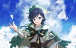  1boy :d bangs bard beret black_bow black_hair blue_hair blue_sky blush bow braid cape chinese_commentary clouds commentary_request day eyebrows_visible_through_hair flower frilled_sleeves frills genshin_impact gradient_hair green_cape green_eyes green_headwear hair_between_eyes hair_flower hair_ornament harp hat hat_feather highres holding holding_instrument instrument long_sleeves looking_at_viewer male_focus medium_hair multicolored_hair music musical_note open_mouth outdoors playing_instrument shirt sidelocks sky smile solo standing twin_braids upper_body venti_(genshin_impact) white_shirt zhongwu_chahui 