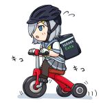  1girl 3toshinhmkz backpack bag bicycle_helmet black_legwear blue_eyes chibi commentary_request full_body gloves grey_skirt hair_ornament hair_over_one_eye hairclip hamakaze_(kantai_collection) helmet kantai_collection neckerchief pantyhose pleated_skirt school_uniform serafuku short_hair silver_hair simple_background skirt solo tricycle uber_eats white_background white_gloves yellow_neckwear 