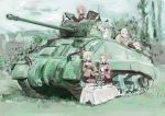  4girls absurdres artist_request assam_(girls_und_panzer) blonde_hair breasts caterpillar_tracks clouds commentary_request cup darjeeling_(girls_und_panzer) day emblem girls_und_panzer grass ground_vehicle highres house long_hair looking_at_viewer m4_sherman military military_uniform military_vehicle motor_vehicle multiple_girls orange_hair orange_pekoe_(girls_und_panzer) redhead rosehip_(girls_und_panzer) sherman_firefly short_hair skirt sky smile st._gloriana&#039;s_(emblem) st._gloriana&#039;s_military_uniform table tank teacup teapot traditional_media uniform 