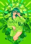  1girl bug caterpillar english_text feet_out_of_frame flower glasses green-framed_eyewear green_background green_eyes green_hair green_shirt green_theme index_finger_raised insect leaf long_sleeves looking_at_viewer minami_(minami373916) open_mouth original shirt smile solo 