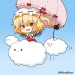  1girl :3 :d bangs blonde_hair blue_background blush bow clouds collared_shirt commentary_request crystal eyebrows_visible_through_hair fang flandre_scarlet frilled_shirt_collar frilled_umbrella frills gradient gradient_background hair_between_eyes hat holding holding_umbrella laevatein looking_at_viewer miicha mob_cap o_o one_side_up open_mouth pink_umbrella puffy_short_sleeves puffy_sleeves red_bow red_ribbon red_skirt red_vest ribbon shirt short_sleeves skirt skirt_set smile solid_circle_eyes solo touhou twitter_username umbrella vest white_headwear white_shirt wings 