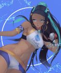  1girl absurdres aqua_eyes aqua_hair armlet bbul_horn bike_shorts blue_eyes commentary dark_skin dynamax_band earrings gym_leader hair_bun highres holding holding_poke_ball hoop_earrings jewelry long_hair multicolored_hair necklace nessa_(pokemon) parted_lips poke_ball poke_ball_(basic) pokemon pokemon_(game) pokemon_swsh solo teeth two-tone_hair water_drop 