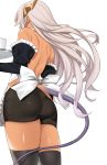  1girl absurdres apron ass back bare_back bike_shorts black_legwear cup dark_skin detached_sleeves dragon_girl dragon_horns dragon_tail enjou_kouhai_oshiego_wa_elf_ryuu_ningyo_jinrou from_behind grey_hair highres horns long_hair maid original simple_background skindentation tail takunomi tan thigh-highs tray ursula_(takunomi) white_background 