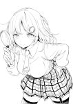  1girl bent_over breasts hand_on_hip highres holding_magnifying_glass hololive hololive_english imokenpi0916 large_breasts lineart looking_at_viewer medium_hair monochrome plaid plaid_skirt skirt solo thigh-highs watson_amelia white_background 