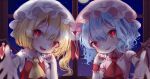  2girls ascot bangs bat_wings blonde_hair blue_hair blurry blush commentary_request crystal dark depth_of_field flandre_scarlet flat_chest foreshortening frilled_shirt_collar frills glowing glowing_eyes hair_between_eyes hand_on_own_cheek hand_on_own_face hand_up hat head_tilt indoors looking_at_viewer mob_cap moon multiple_girls nail_polish night night_sky one_side_up pink_headwear pink_shirt puffy_short_sleeves puffy_sleeves reaching_out red_ascot red_eyes red_nails red_vest remilia_scarlet shirt short_hair short_sleeves siblings sisters sky star_(sky) starry_sky teruteru_(teru_teru) touhou upper_body vest white_headwear window wings wrist_cuffs yellow_ascot 