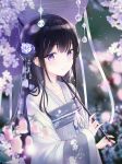  1girl bangs black_hair blurry blurry_background blurry_foreground blush chinese_clothes closed_mouth collarbone commentary_request depth_of_field eyebrows_visible_through_hair flower hair_flower hair_ornament hanfu highres holding holding_umbrella iren_lovel long_hair long_sleeves looking_at_viewer oriental_umbrella original purple_flower purple_umbrella revision rose sleeves_past_wrists smile solo umbrella very_long_hair violet_eyes white_flower white_rose wide_sleeves 