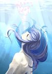  1girl blue_hair closed_eyes highres long_hair nude ocean original petals petals_on_liquid solo tabunninu 