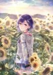  1girl 54cr blush bob_cut field flower flower_field highres hood hood_down hoodie looking_at_viewer miniskirt nijisanji nishizono_chigusa outdoors purple_hair red_eyes school_uniform short_hair skirt solo standing sunflower thighs 