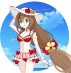  1girl 398sky android bikini blue_sky blush breasts brown_hair clouds flower frilled_bikini frills green_eyes hair_between_eyes hair_flower hair_ornament hand_on_headwear hat hat_flower highres iris_(rockman_x) long_hair low-tied_long_hair medium_breasts open_mouth red_bikini rockman rockman_x rockman_x_dive sky smile solo sun_hat swimsuit 