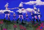  black_footwear blonde_hair blue_sailor_collar blue_skirt blue_sky clouds congming33 day grass halo hands_together highres multiple_girls navel neckerchief outdoors panties pantyshot pleated_skirt red_neckwear sailor_collar school_uniform serafuku shirt shirt_lift short_hair short_sleeves skirt sky standing sunlight underwear white_hair white_panties white_shirt wind wind_lift 