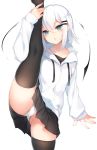  1girl black_legwear blue_eyes blush facing_viewer hair_between_eyes hair_ornament hairclip hood hood_down hoodie original otokuyou ringo-chan_(otokuyou) short_hair solo split standing standing_on_one_leg standing_split thigh-highs white_hair white_hoodie white_legwear 