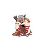  1girl axe axehorn_(ssambatea) barefoot closed_mouth commentary crossed_arms english_commentary grey_hair highres looking_at_viewer orange_eyes original pelt pointy_ears ringed_eyes short_hair simple_background sitting smile solo ssambatea toenails white_background 