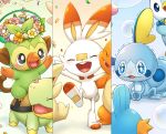  black_eyes blush bubble charmander closed_eyes commentary_request cyndaquil fang gen_1_pokemon gen_2_pokemon gen_3_pokemon gen_4_pokemon gen_8_pokemon grookey hands_together hands_up happy head_wreath kemonomichi_(blue_black) looking_back mudkip no_humans open_mouth petals piplup pokemon pokemon_(creature) riding_pokemon scorbunny sobble standing starter_pokemon tongue trembling turtwig wavy_eyes 