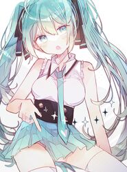  1girl :o aqua_eyes aqua_hair aqua_neckwear aqua_skirt bangs black_ribbon breasts commentary_request cowboy_shot dot_nose eyebrows_visible_through_hair hair_between_eyes hair_ribbon hatsune_miku head_tilt kino-cands long_hair looking_at_viewer medium_breasts miniskirt necktie open_mouth pleated_skirt pointing pointing_down ribbon shirt sitting skirt sleeveless sleeveless_shirt solo thigh-highs twintails vocaloid white_background white_legwear 