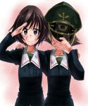  2girls adjusting_clothes adjusting_headwear akiyama_yukari attyon bangs blonde_hair blue_jacket brown_eyes brown_hair closed_mouth commentary dirty dirty_clothes dirty_face erwin_(girls_und_panzer) facing_viewer girls_und_panzer goggles goggles_on_headwear green_headwear green_shirt grin hand_on_another&#039;s_shoulder hat hat_over_eyes jacket long_sleeves looking_at_viewer messy_hair military military_hat military_uniform multiple_girls ooarai_military_uniform peaked_cap pointy_hair salute shirt short_hair side-by-side smile standing uniform 